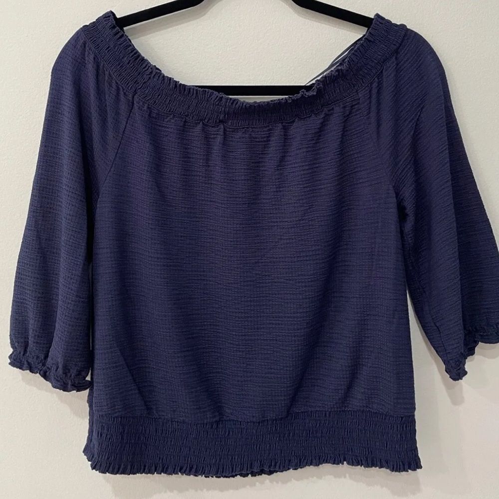 INC Womens Dark Blue Ruched 3/4 Sleeve Off Shoulder Peasant Top Size: M